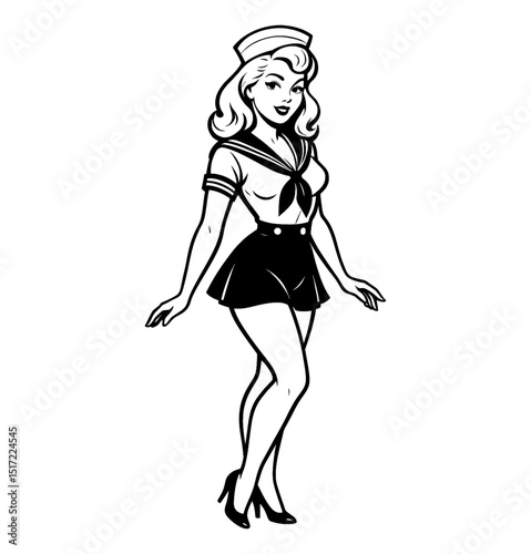 Smiling Woman in Sailor Outfit Standing in Pinup Style Black and White Illustration