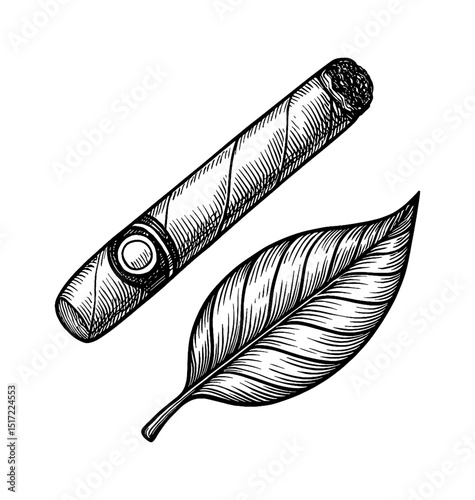 Detailed Engraving of a Cigar and Tobacco Leaf in Black and White Vintage Style