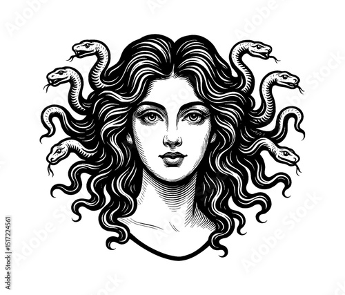 Medusa Portrait with Snakes in Her Hair, Black and White Engraving Style Illustration