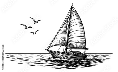 Sailboat sailing on the sea with birds flying, viewed from side in black and white sketch drawing