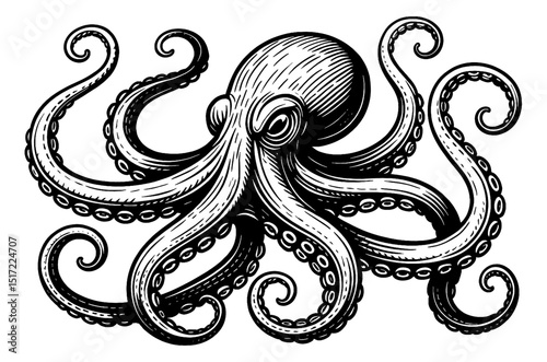 Detailed Black and White Engraving Illustration of an Octopus on White Background
