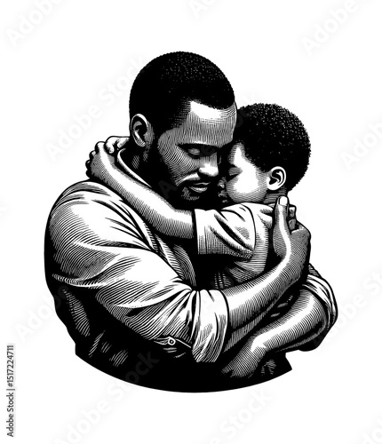 A Black father tenderly embraces his young child in a close loving hug engraving style