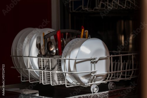 Open dishwasher with clean dishes in morning sun rays