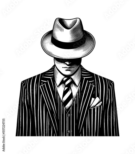 Mysterious Man in Striped Suit and Fedora Hat with Hidden Face in Black and White Engraving