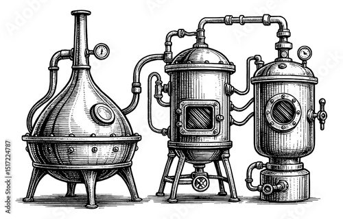 Vintage Engraving Illustration of Distillery Equipment, Industrial Machine, Brewing System