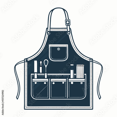 Create a vector illustration of a bold, black-stroked barista apron;  detailed, clean lines, coffee shop style.