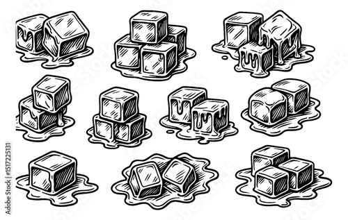 Set of hand drawn ice cubes with different arrangements in engraving style