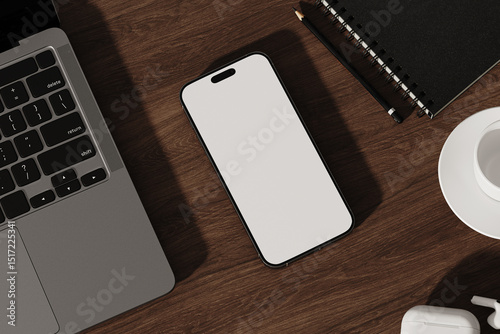 Mobile phone with blank white screen mock up on the table