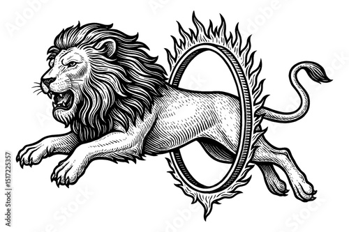 Engraved Lion Jumping Through Ring of Fire in Black and White Detailed Vintage Drawing
