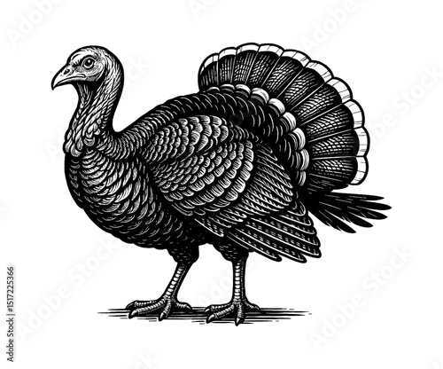 Detailed Engraving of a Turkey Bird Standing Profile on White Background