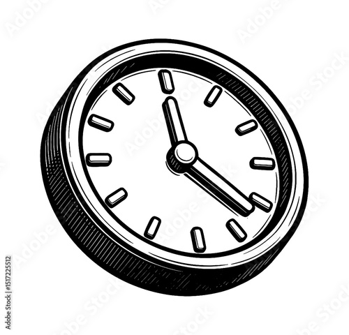 Clock with Hands Indicating Time, Black and White Engraved Style Isolated on White