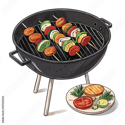 Create a bold, vector illustration of a charcoal grill with visible grill grates, lid open, and realistic charcoal embers glowing inside.