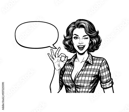 Pinup Woman Winking and Making OK Sign with Speech Bubble in Black and White Line Art