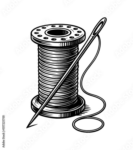 Detailed Black and White Engraving of a Spool of Thread with a Needle. Craft and Hobby