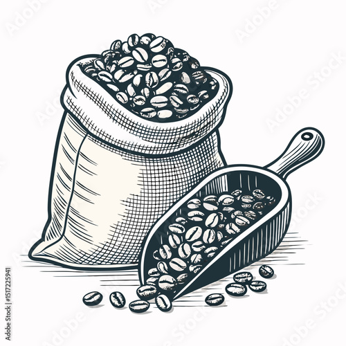 Create a bold, vector illustration of a burlap coffee bean sack, emphasizing texture and strong lines.  Include stitching details.
