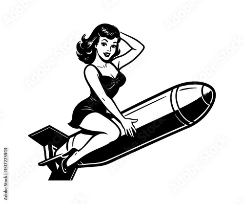 Retro Pinup Woman Riding Bomb, Black and White Illustration of Vintage Girl