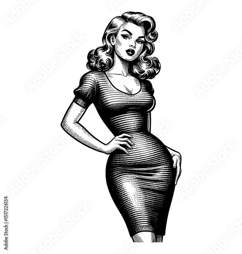 Pinup Woman with Wavy Hair and Dress Striking a Pose, in Black and White Engraved Style