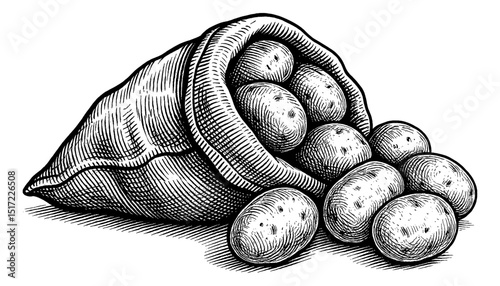 Potatoes spilling out of a sack, vector illustration in woodcut style