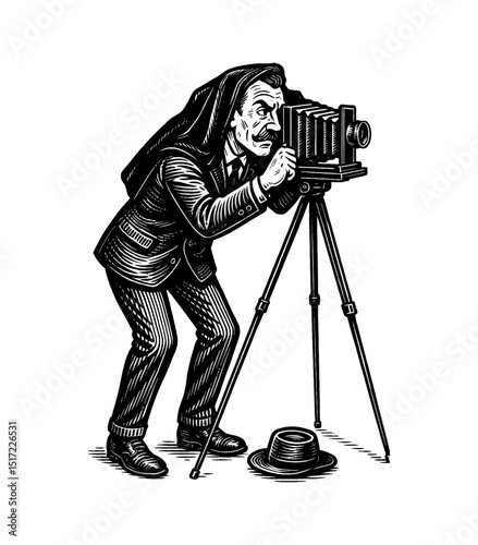 Illustration of Photographer with Camera on Tripod in Detailed Black and White Engraving Style