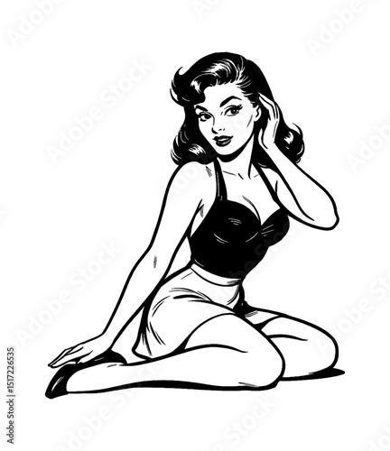 Attractive pinup woman in black top sitting on the floor posing gracefully in illustration