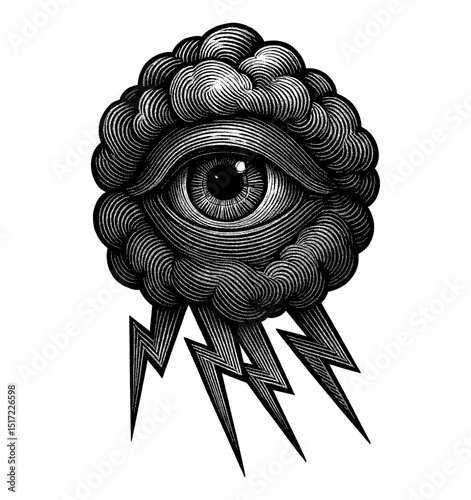 Eye in a Storm Cloud with Lightning Bolts Engraved Style Black and White Illustration