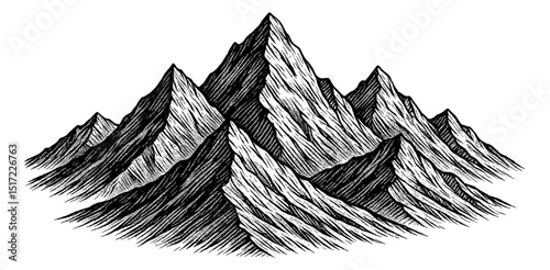 Detailed Hand Drawn Mountain Range Illustration in Black and White Engraving Style