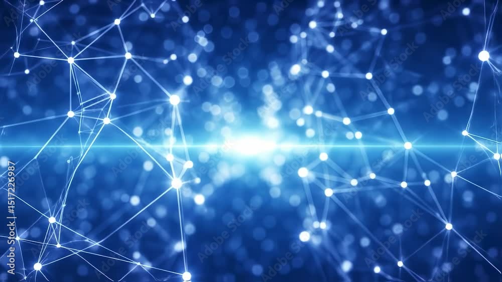 Conceptual modern futuristic geometric, abstract net with dots and triangle shapes on a bright blue cyberspace background