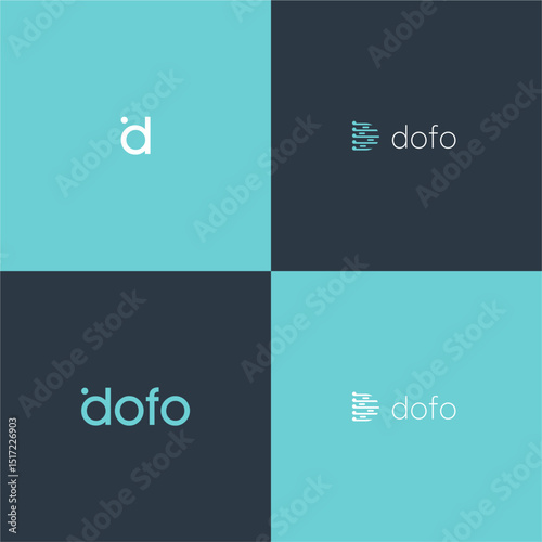 Square layout with dofo logo variations in tealnavy initial full name linear icon