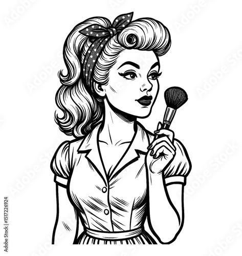 Glamorous Caucasian Woman Holding Makeup Brush in Black and White Pinup Illustration