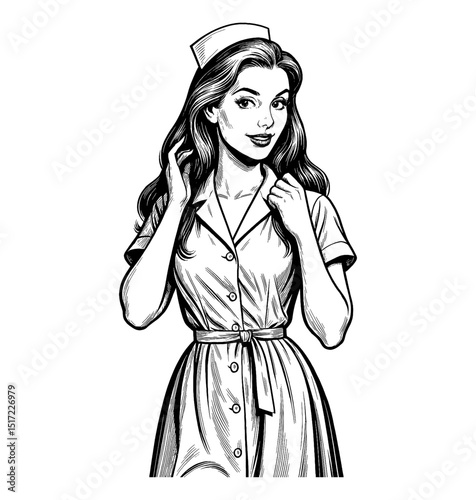 Smiling Woman in Nurse Uniform with Hand in Hair in Black and White Detailed Line Art