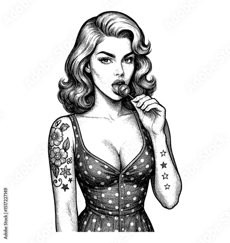 Pinup Woman Licking Lollipop with Tattooed Arm and Dress in Detailed Line Art Style