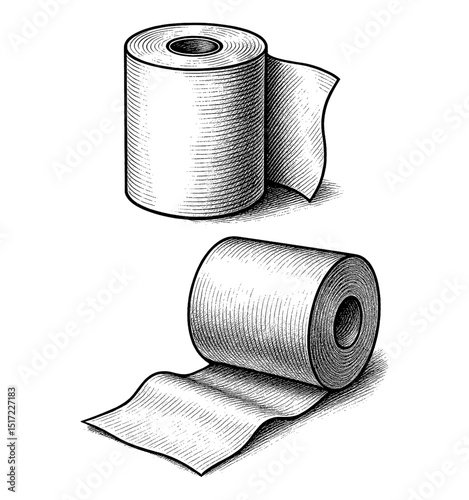 Illustration of Two Toilet Paper Rolls with Detailed Line Art Style in Black and White