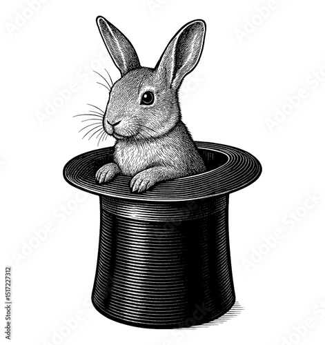 Engraving Style Illustration of a Rabbit in a Top Hat in Black and White