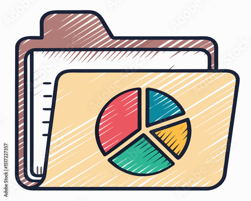 Create a bold vector illustration of a folder icon with a pie chart inside, emphasizing strong outlines and sharp edges.