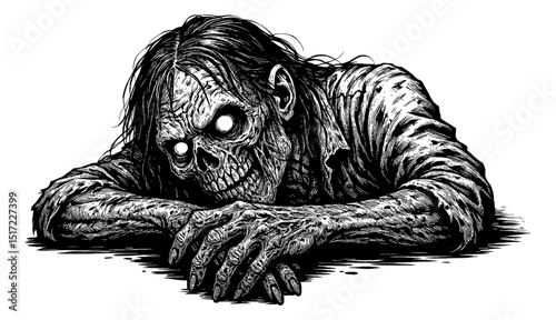 Creepy Black and White Illustration of a Zombie Leaning on Its Arms Looking Ominous