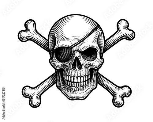 Skull and Crossbones with Eyepatch Engraved Vector Illustration on White Background