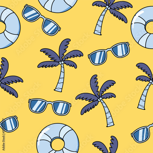 Summer Elements Seamless Pattern, Sunglasses Palm Trees And Swimming Rings On Light Beige Background
