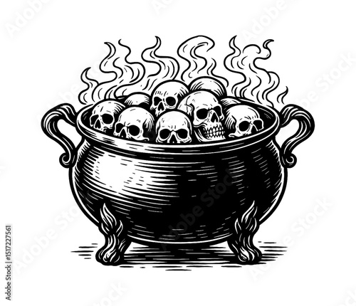 Black and White Illustration of Cauldron Full of Skulls and Smoke for Halloween