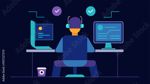 Behavioral Tracking A user sitting at a computer with a holographic graphic showing their clicks and interactions while an AI avatar observes and learns from the data.