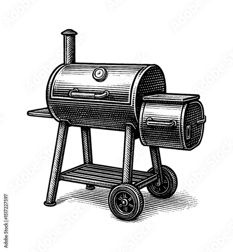 Detailed Engraved Illustration of a Smoker Grill with Wheels and Chimney
