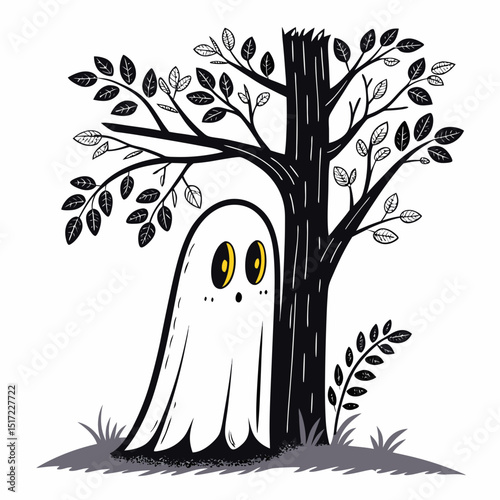 Create a vector illustration of a bold-outlined ghost playfully peeking from behind a solid, dark shape.  Design should feature a mischievous expression.