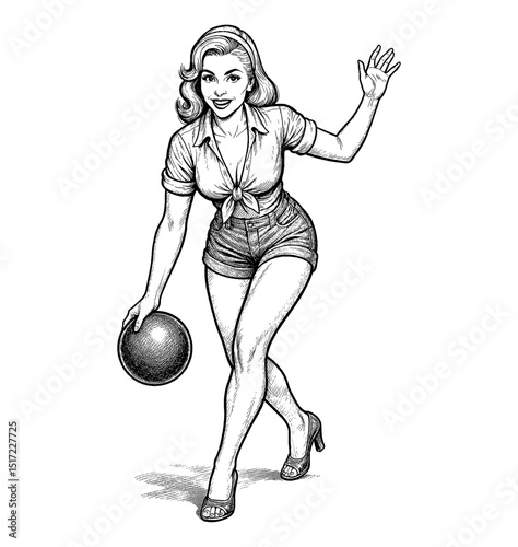 Smiling Pinup Woman Holding Bowling Ball Wearing Shorts Shirt Waving Hand in Engrave Style