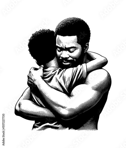 An African American Father Hugging His Son with Love and Black and White Engraving Art