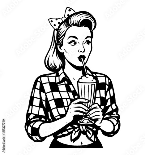 Retro Pinup Woman Sipping Milkshake in Black and White Pop Art Style Illustration