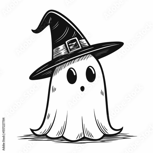 Create a vector illustration of a bold-outlined ghost wearing a witch's hat, spooky and playful style.