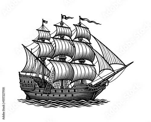 Detailed Engraving of a Sailing Ship on Water with Flags and Sails on a White Background