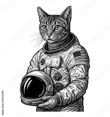 Cat astronaut in spacesuit with American flag detailed engraving style vector illustration