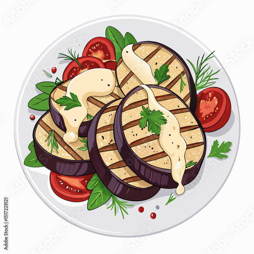 Create a bold, vector illustration of a grilled eggplant, showcasing its charred surface and juicy interior.  Focus on strong lines and impactful design.