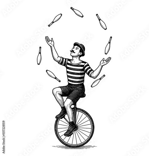 Man on Unicycle Juggling Pins in Black and White Engraving Style Illustration