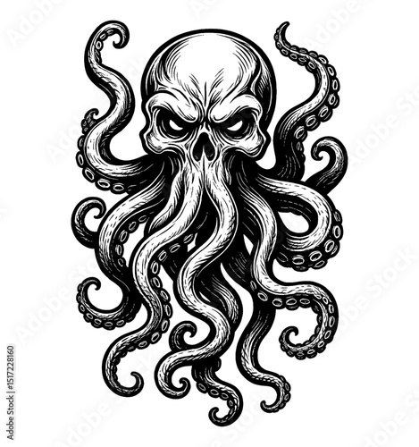 Skull octopus ink illustration, vintage style vector design, black and white, engraved.